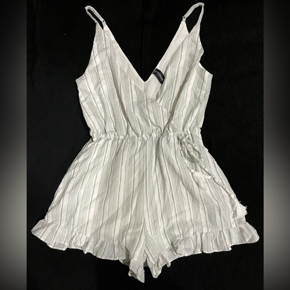 Minkpink Striped Short Romper with Spaghetti Straps and Ruffles - Picture 1 of 3